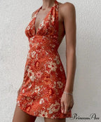 Low-cut V-Neck Flower Short Dress