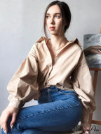 Luminous Sleeve Button Neck Blouse