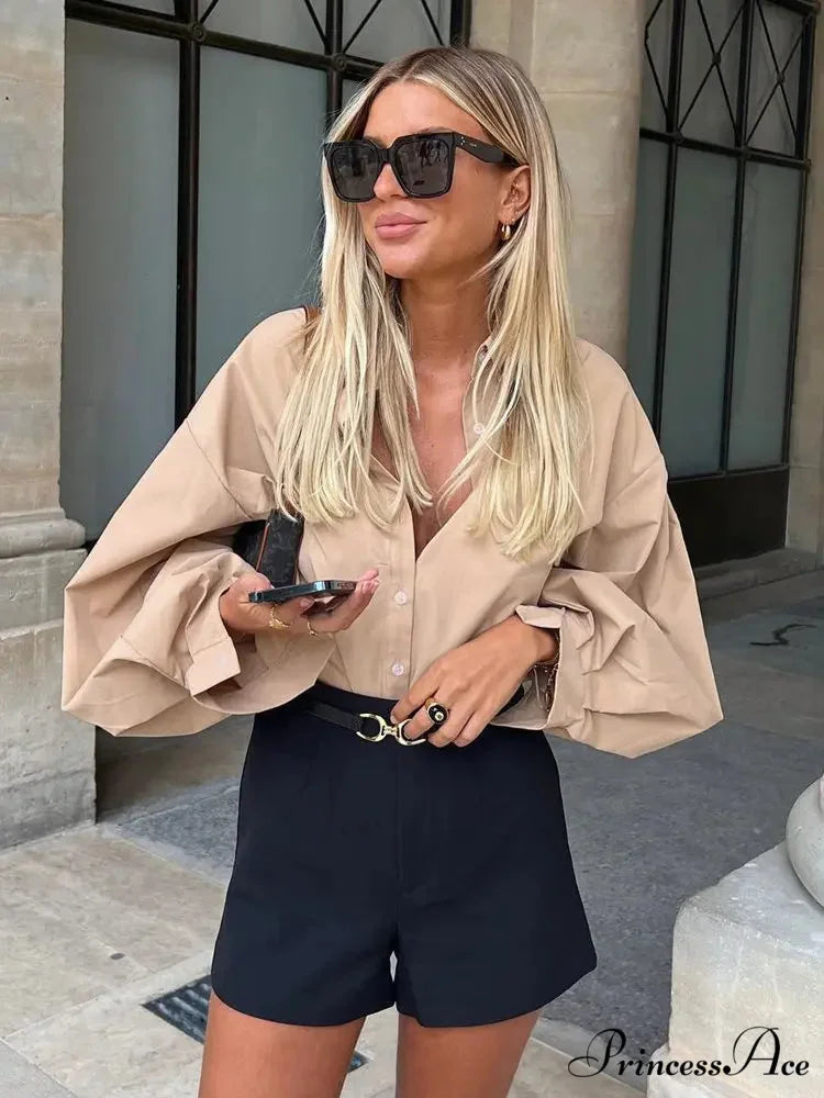 Luminous Sleeve Button Neck Blouse