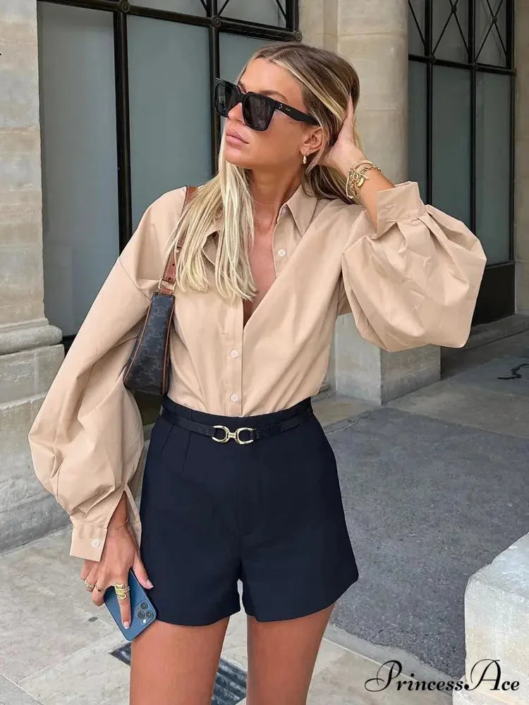 Luminous Sleeve Button Neck Blouse