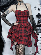 Mall Goth Lolita Red Plaid Streetwear Harajuku Punk Y2K E-girl High Waist IrRegular Gothic Dress