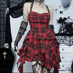 Mall Goth Lolita Red Plaid Streetwear Harajuku Punk Y2K E-girl High Waist IrRegular Gothic Dress