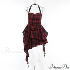 Mall Goth Lolita Red Plaid Streetwear Harajuku Punk Y2K E-girl High Waist IrRegular Gothic Dress