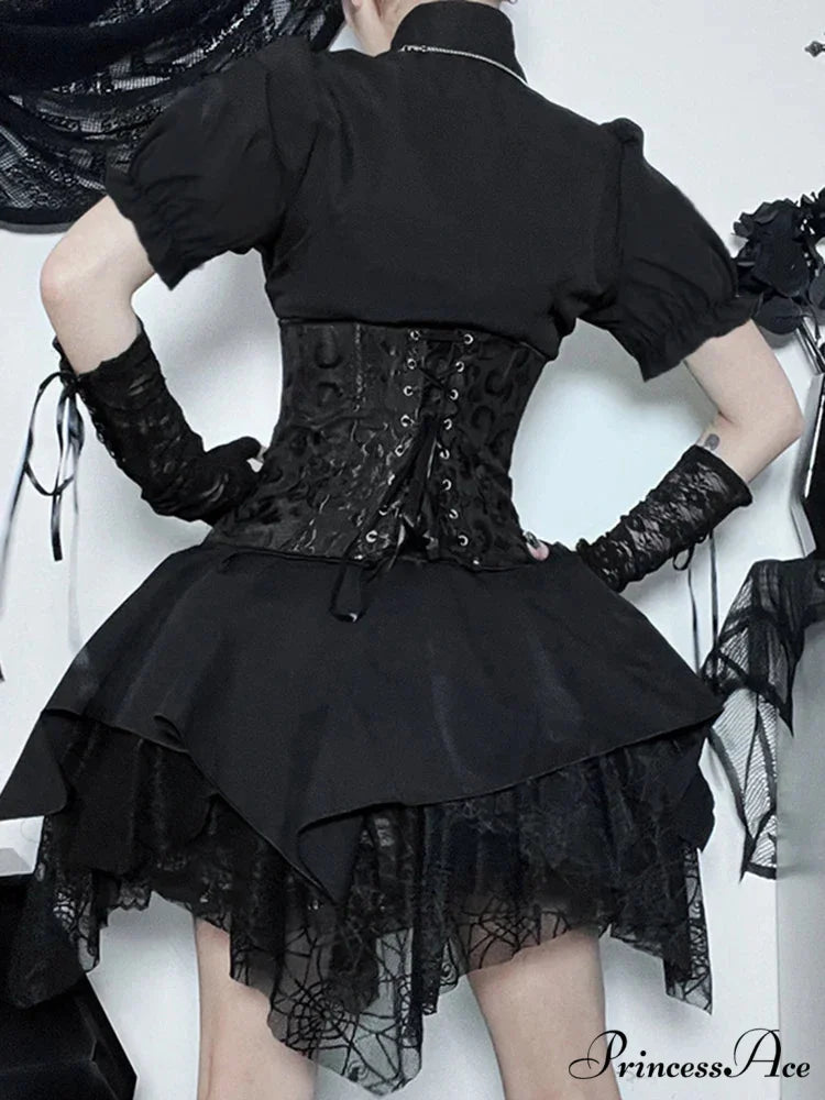 Mall Goth Mesh Black Women Lace Splice Ball Gown Aesthetic High Waist E Girl Skirt