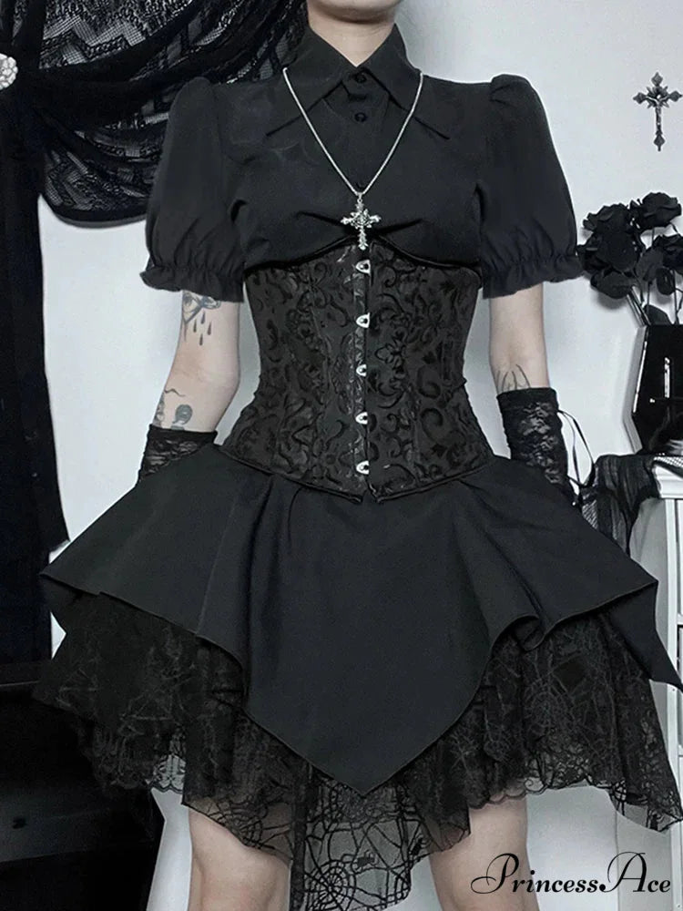 Mall Goth Mesh Black Women Lace Splice Ball Gown Aesthetic High Waist E Girl Skirt