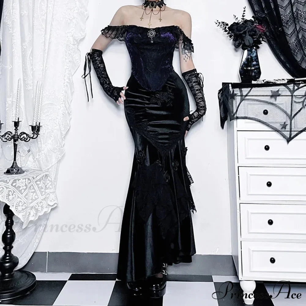 Mall Goth Velvet Fishtail Women Vintage Jacquard Hip Wrap Fairy Grunge Victorian Ladies SteamLong Skirt