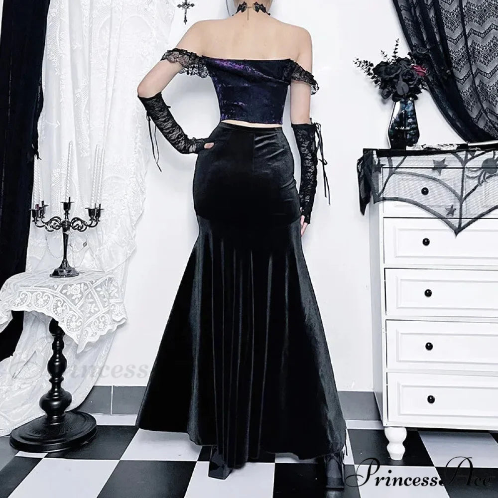 Mall Goth Velvet Fishtail Women Vintage Jacquard Hip Wrap Fairy Grunge Victorian Ladies SteamLong Skirt