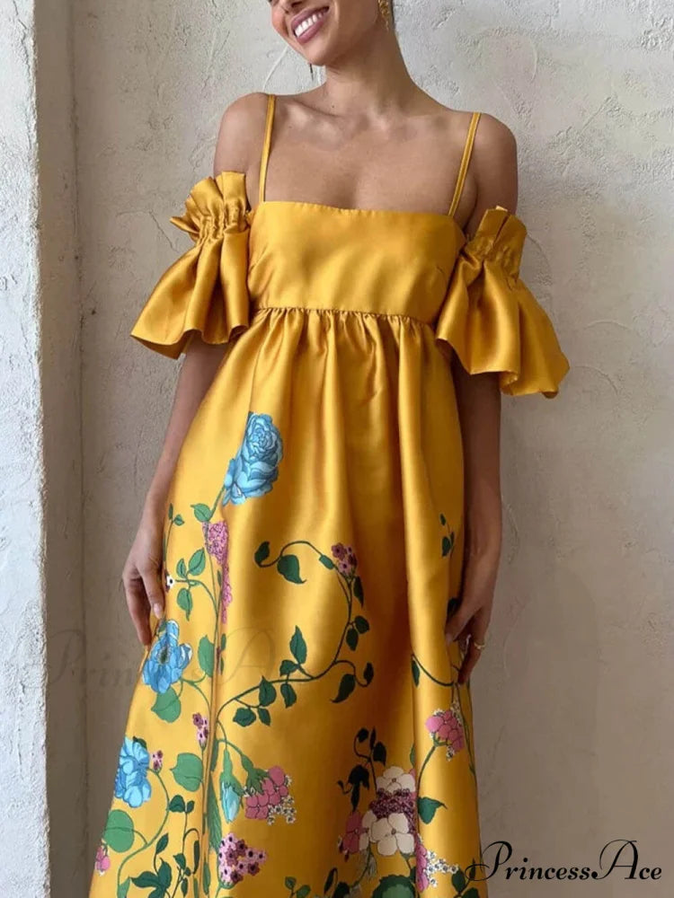 Marigold Printed Gathered Sleeve Graceful Pocketed A-Line Midi Dress