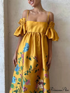 Marigold Printed Gathered Sleeve Graceful Pocketed A-Line Midi Dress