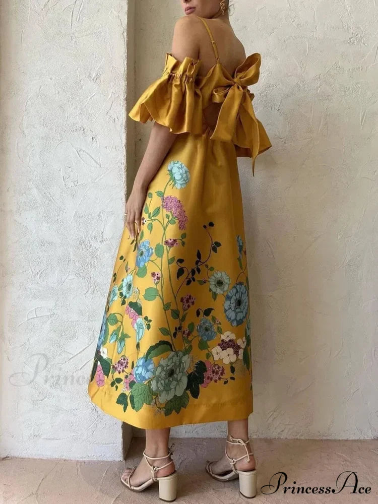 Marigold Printed Gathered Sleeve Graceful Pocketed A-Line Midi Dress