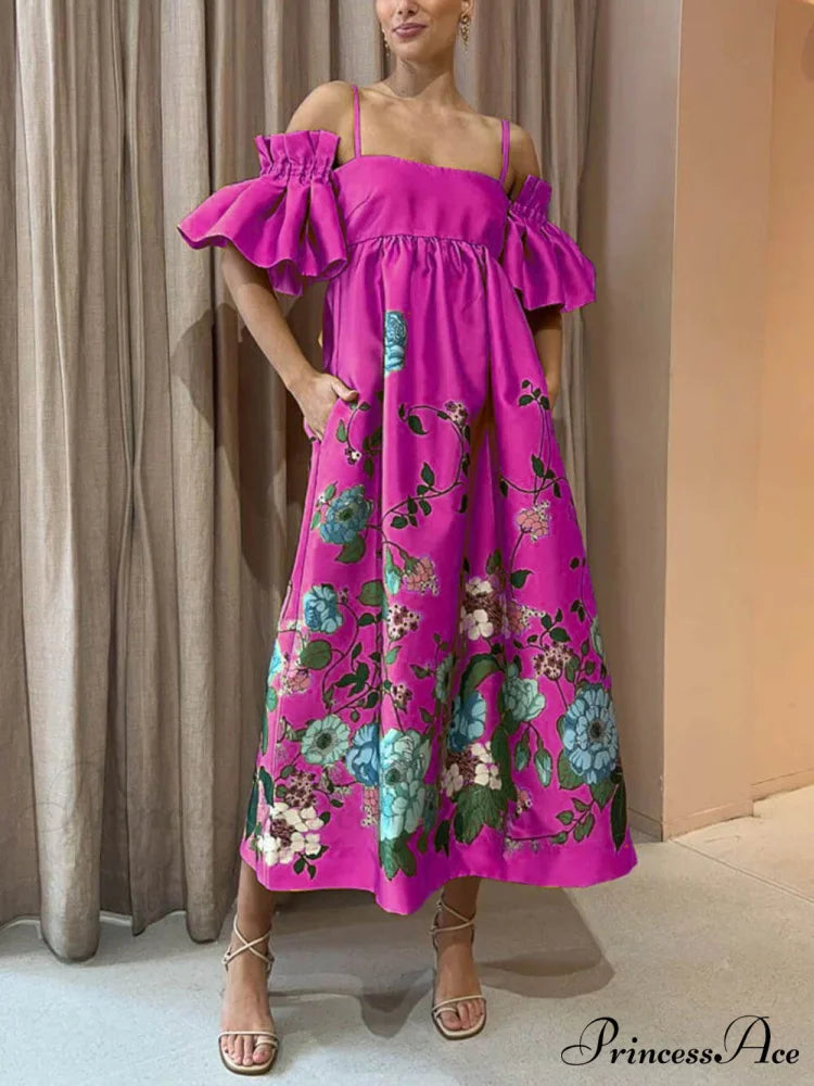 Marigold Printed Gathered Sleeve Graceful Pocketed A-Line Midi Dress