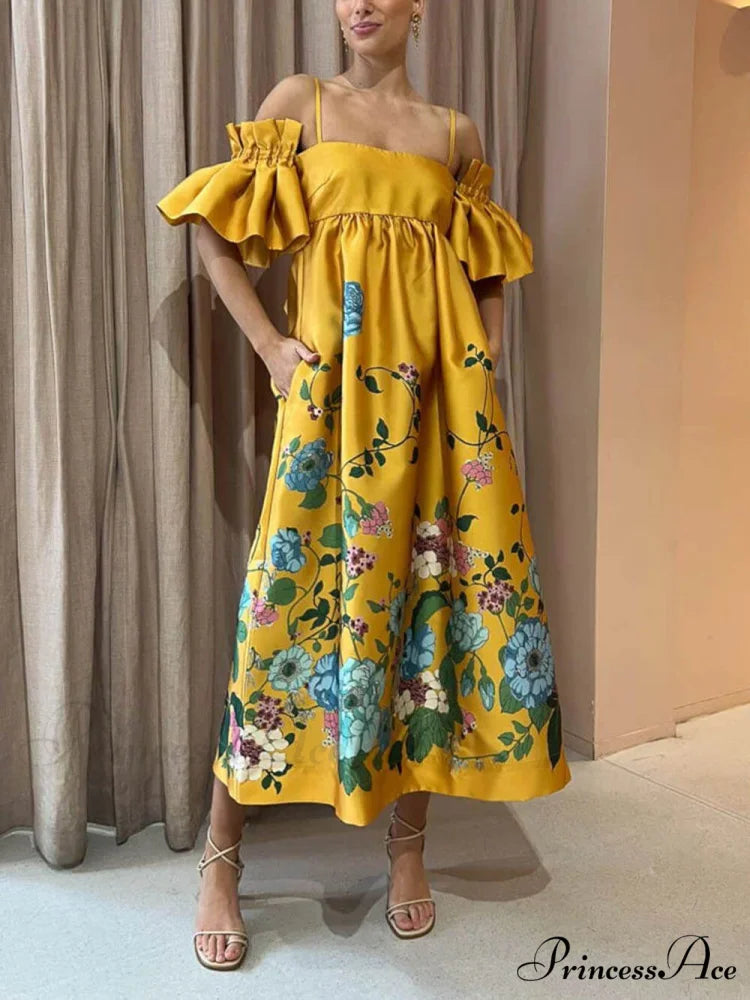 Marigold Printed Gathered Sleeve Graceful Pocketed A-Line Midi Dress