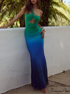 Marine Ombre Asymmetric Neck Graceful Evening Gown Maxi Dress