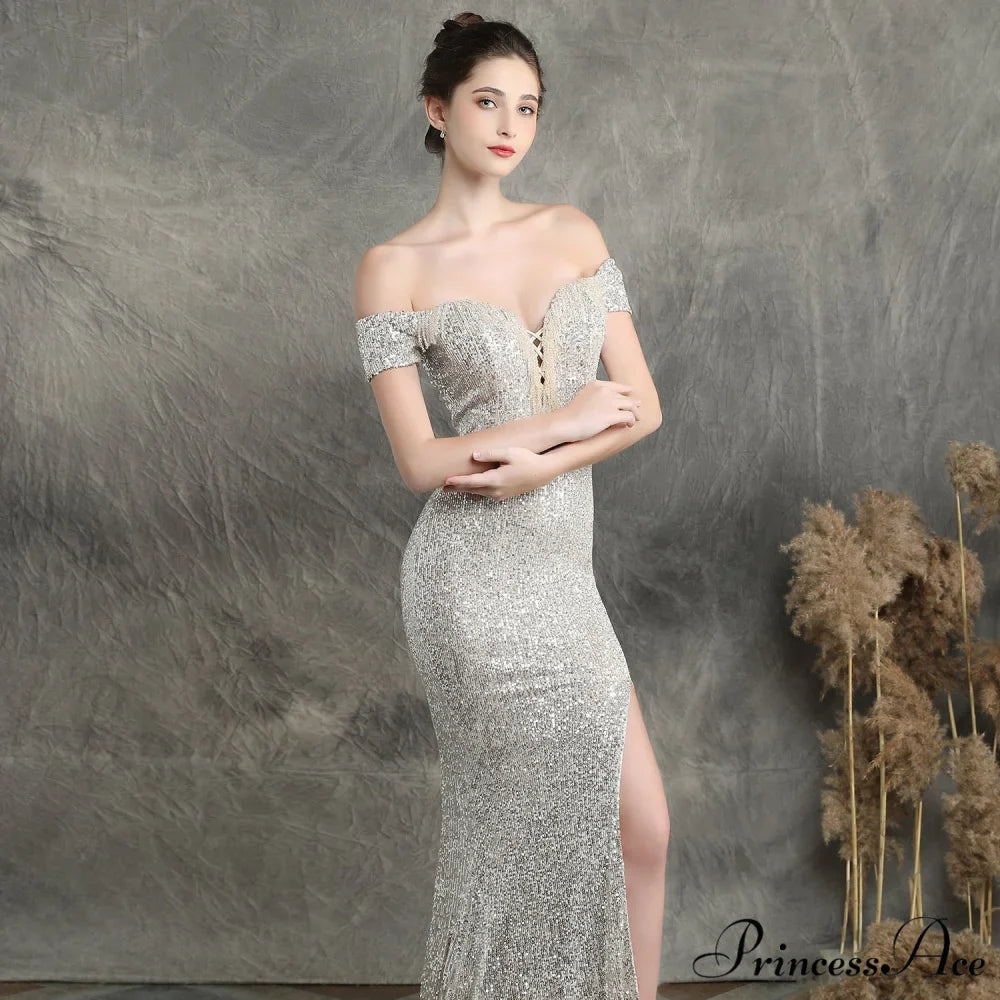 Marzia Formal Stylish Sequined Slit Dress