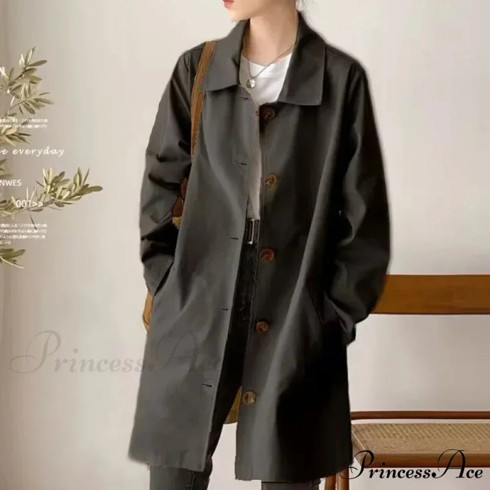 Medium-length Korean Style Trench Loose Fit Solid Color Spring Autumn Trendy Innerwear Coat