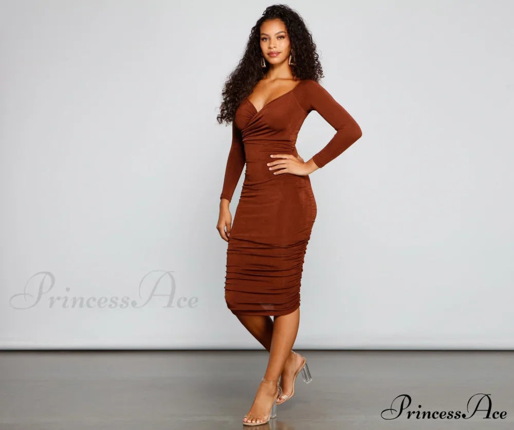 Melissa Long Sleeve Charming Ruched Midi Dress