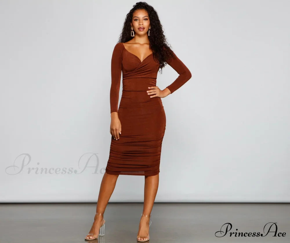 Melissa Long Sleeve Charming Ruched Midi Dress