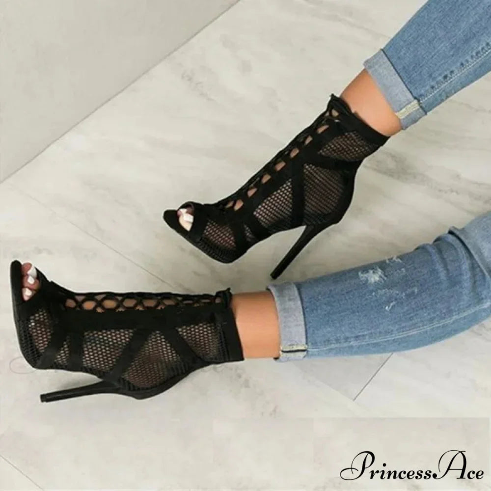 Mesh Hollow Lace-Up Sexy Cross-Tie Thin High Sandals Platform Dance High Heel