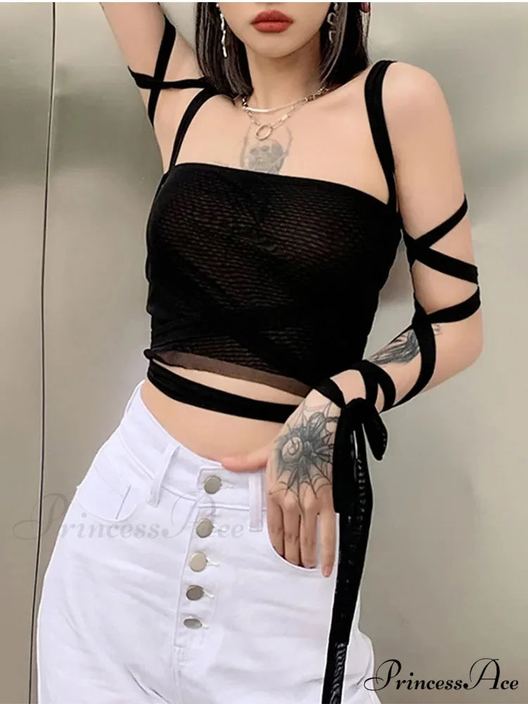 Mesh Lace Up Bandage Fairy Grunge Cyber Y2k Mall Goth Sexy Crop Top