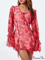 Mesh Mini Dress Sophisticated Flare Long Sleeve Split Hem Floral Dress