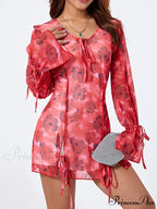 Mesh Mini Dress Sophisticated Flare Long Sleeve Split Hem Floral Dress