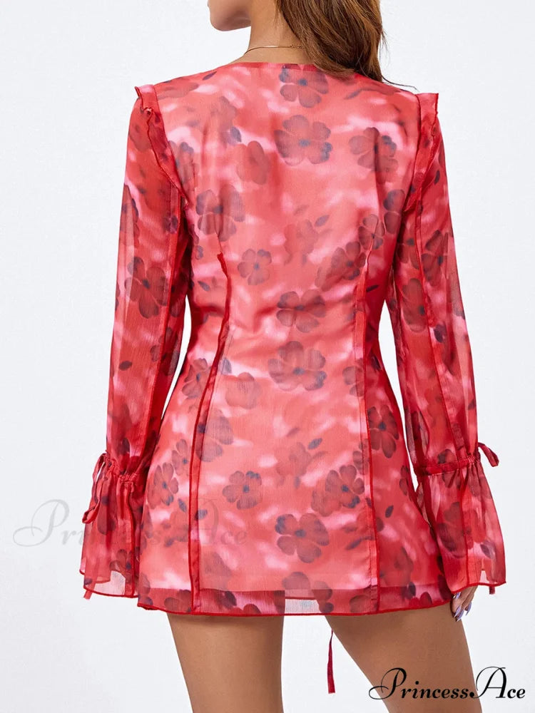 Mesh Mini Dress Sophisticated Flare Long Sleeve Split Hem Floral Dress