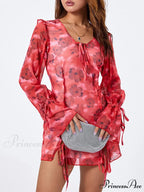 Mesh Mini Dress Sophisticated Flare Long Sleeve Split Hem Floral Dress