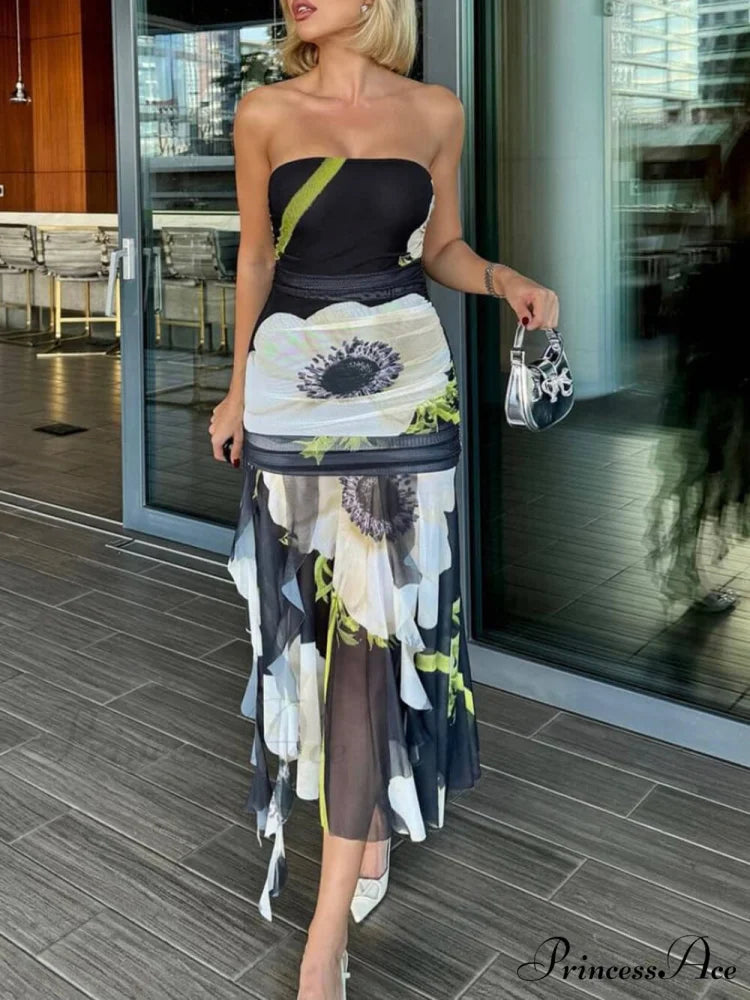 Mesh Overlay Floral Print Off Trendy Shoulder Ruched Ruffles Stretch Midi Dress