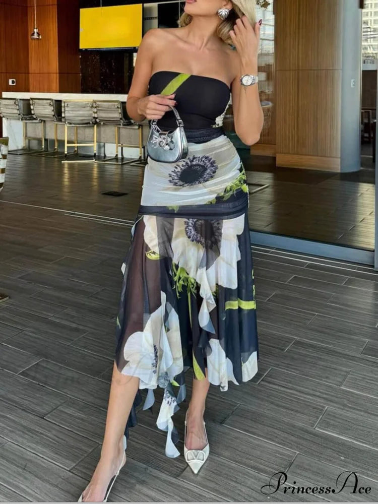 Mesh Overlay Floral Print Off Trendy Shoulder Ruched Ruffles Stretch Midi Dress