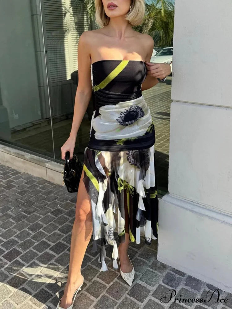 Mesh Overlay Floral Print Off Trendy Shoulder Ruched Ruffles Stretch Midi Dress