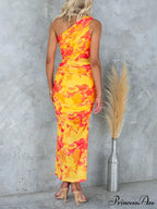 Mesh Overlay Printed One Graceful Shoulder Ruched Stretch Maxi Dress