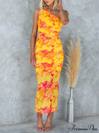 Mesh Overlay Printed One Graceful Shoulder Ruched Stretch Maxi Dress