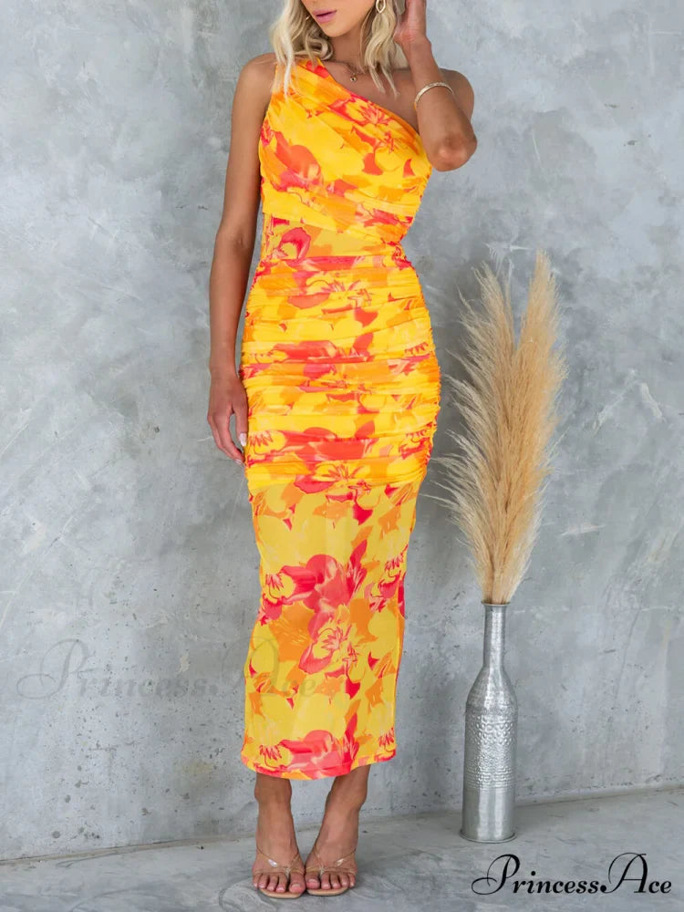 Mesh Overlay Printed One Graceful Shoulder Ruched Stretch Maxi Dress