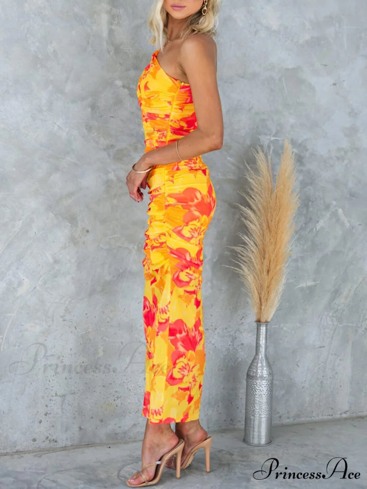 Mesh Overlay Printed One Graceful Shoulder Ruched Stretch Maxi Dress