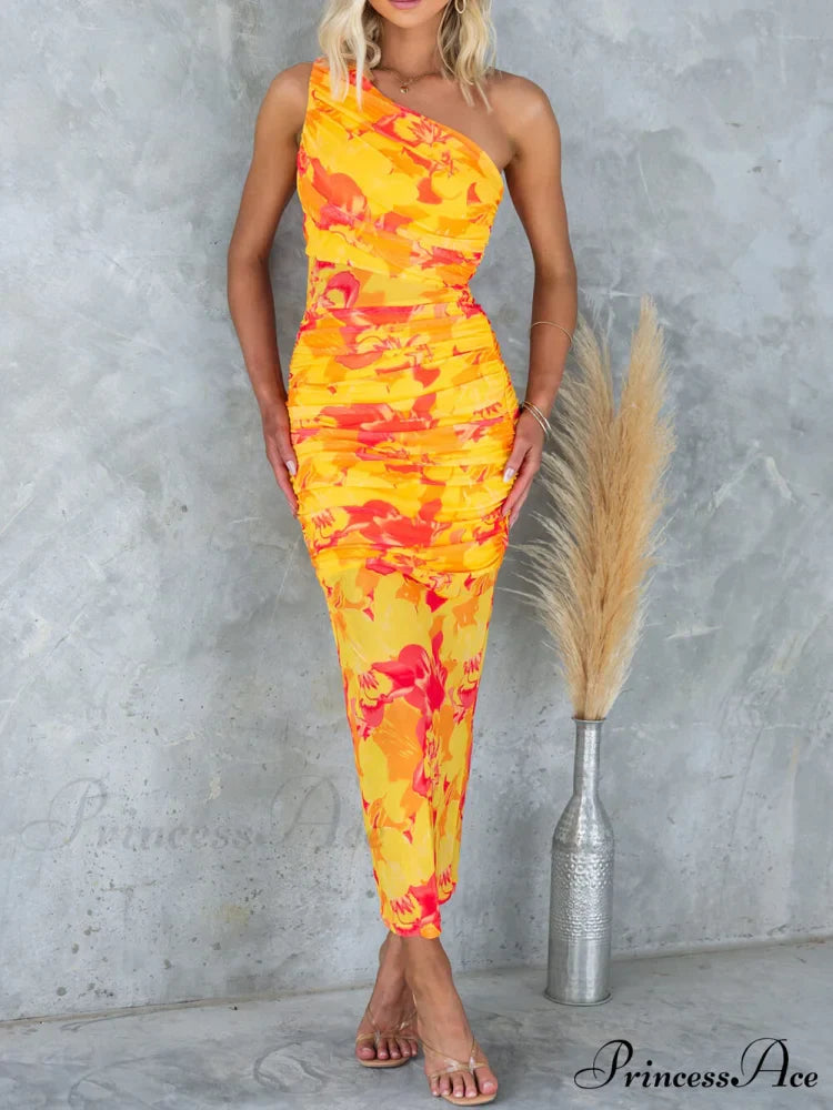 Mesh Overlay Printed One Graceful Shoulder Ruched Stretch Maxi Dress