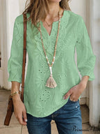 Mesh Panel V-neck Hollow Embroidery Informal Blouse