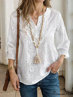 Mesh Panel V-neck Hollow Embroidery Informal Blouse