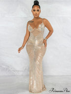 Mesh Rhinestone Maxi Party Dress