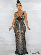 Mesh Rhinestone Maxi Party Dress