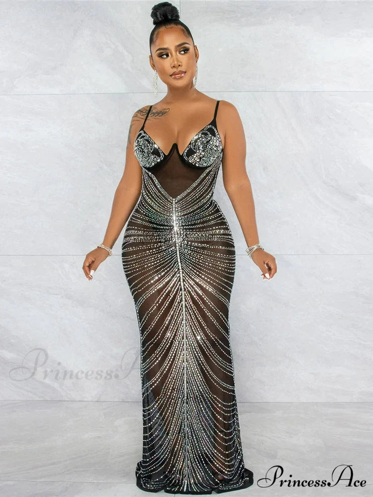 Mesh Rhinestone Maxi Party Dress