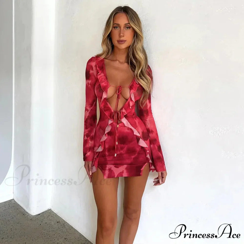 Mesh Ruffle Bodycon Bandage Long Sleeve Mini Dress