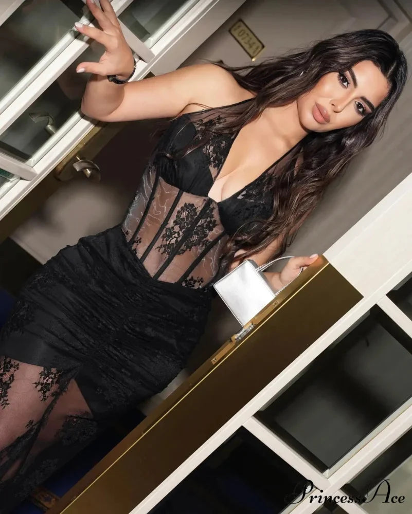 Mesh See-Through Lace Long Party Dress