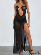 Mesh Sheer See Through for Women Sexy Sleeveless Strap Ruffle Deep V-neck High Split Beach Cover Ups