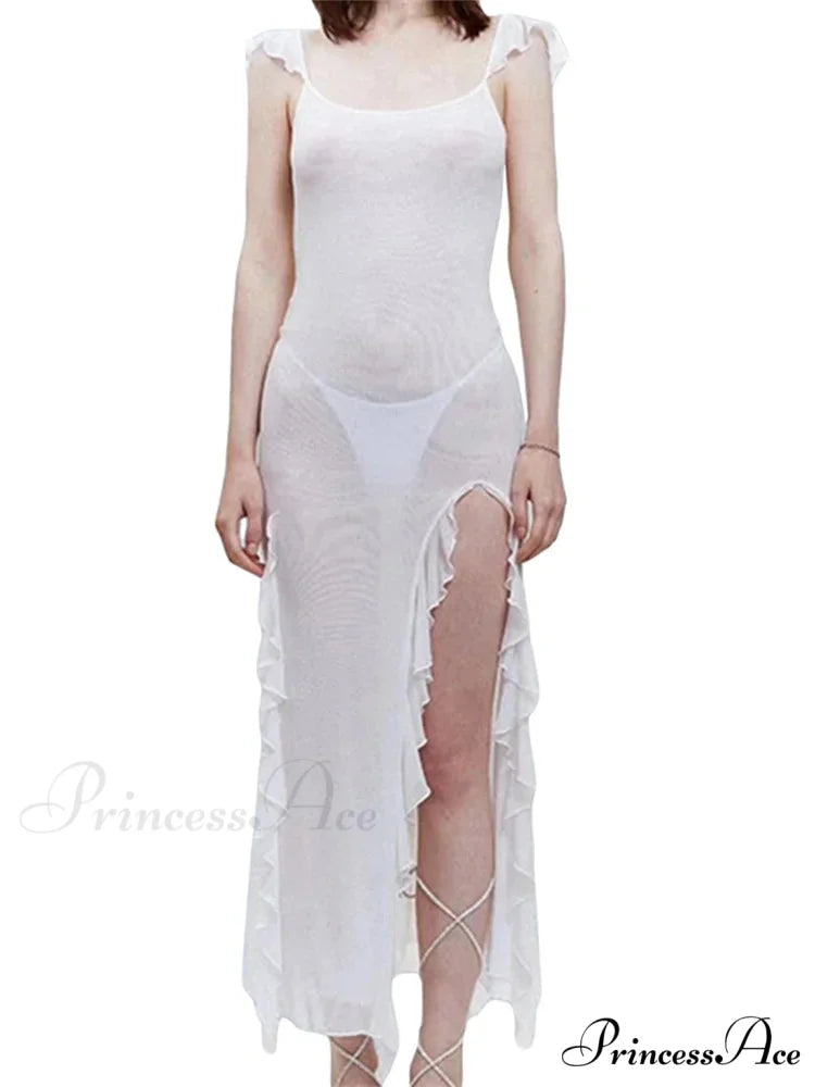 Mesh Sheer See Through Summer Beach Cover Ups for Women Sleeveless Backless Ruffles Split Tassels Vestidos
