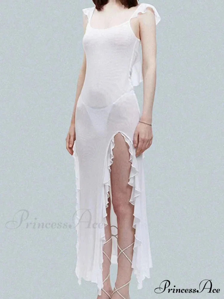 Mesh Sheer See Through Summer Beach Cover Ups for Women Sleeveless Backless Ruffles Split Tassels Vestidos