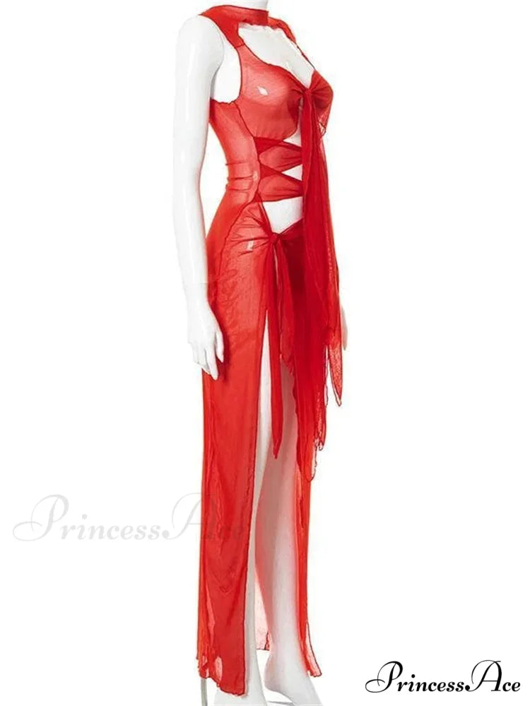 Mesh Sheer See Through Summer for Women Beach Party Clubwear Sleeveless Hollow Out Female Vestidos