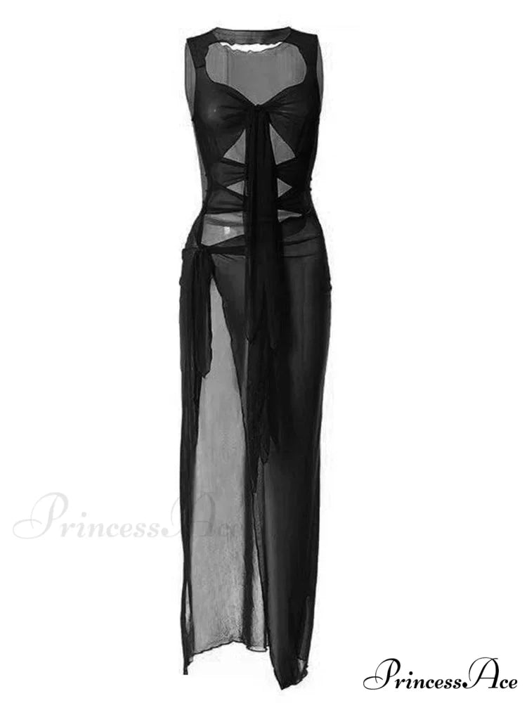 Mesh Sheer See Through Summer for Women Beach Party Clubwear Sleeveless Hollow Out Female Vestidos