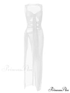 Mesh Sheer See Through Summer for Women Beach Party Clubwear Sleeveless Hollow Out Female Vestidos