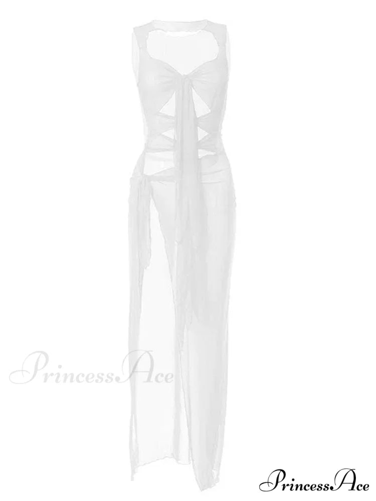 Mesh Sheer See Through Summer for Women Beach Party Clubwear Sleeveless Hollow Out Female Vestidos