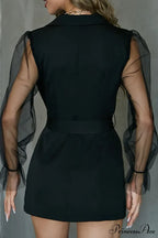 Mesh Sleeves Blazer Dress with Double-breasted Belt